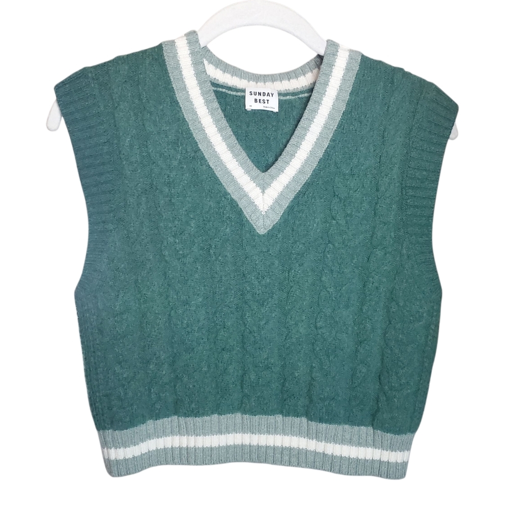 Sunday Best Winston Cable Knit Wool Blend V-neck Sweater Vest Academia Aritzia